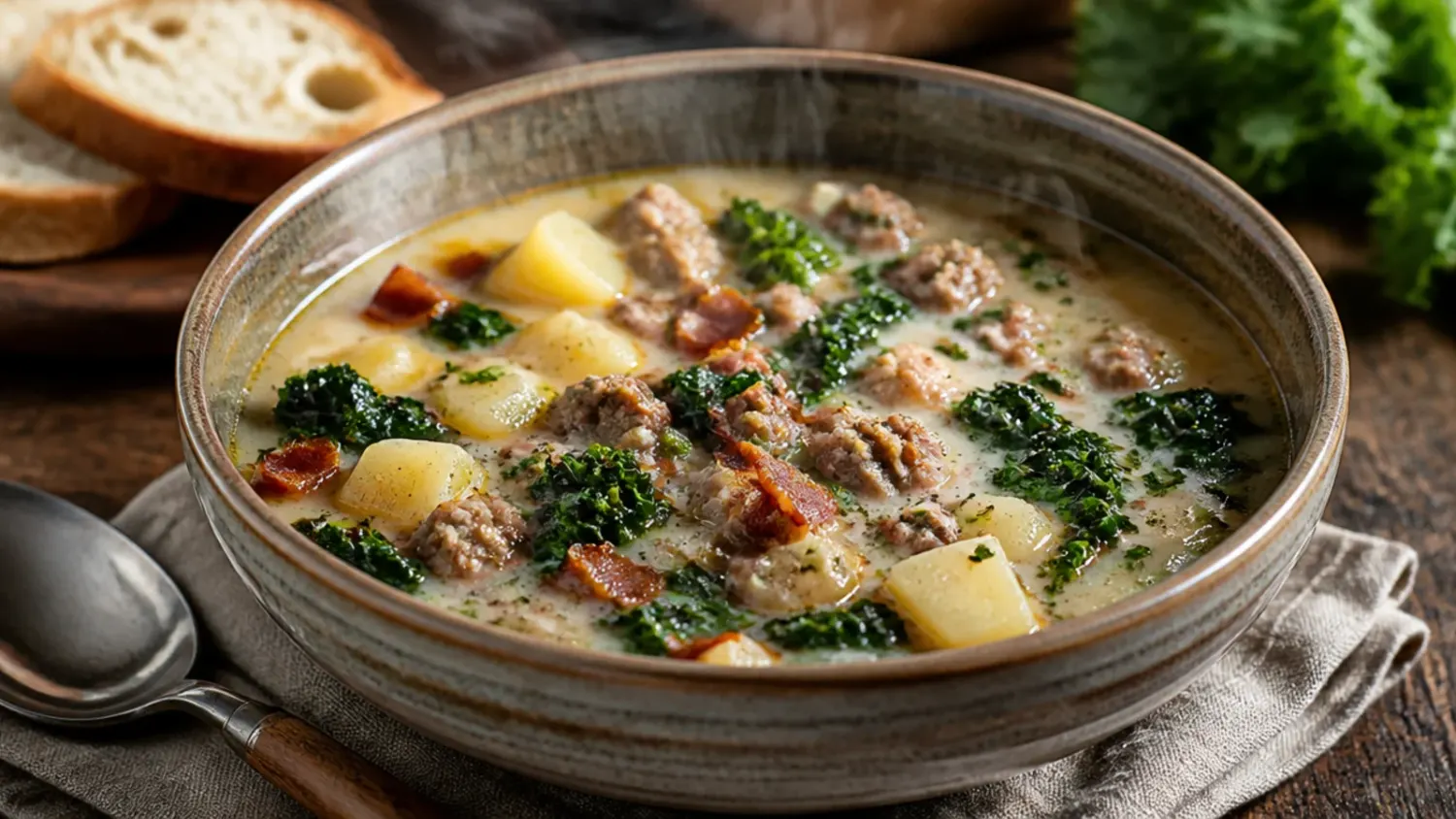 Bowl of creamy keto zuppa toscana soup with Italian sausage, bacon, cauliflower, and kale in a rich broth