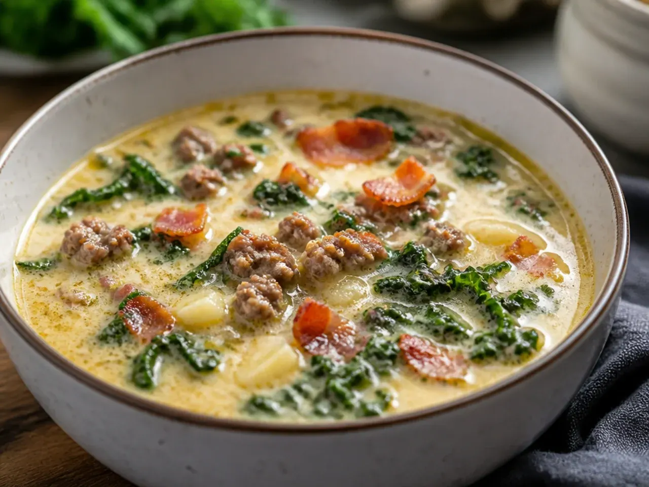 Overhead shot of creamy keto zuppa toscana soup ingredients laid out before cooking