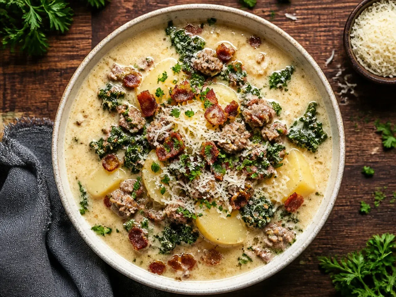 Classic keto zuppa toscana soup with sausage, bacon, and cauliflower in a creamy broth