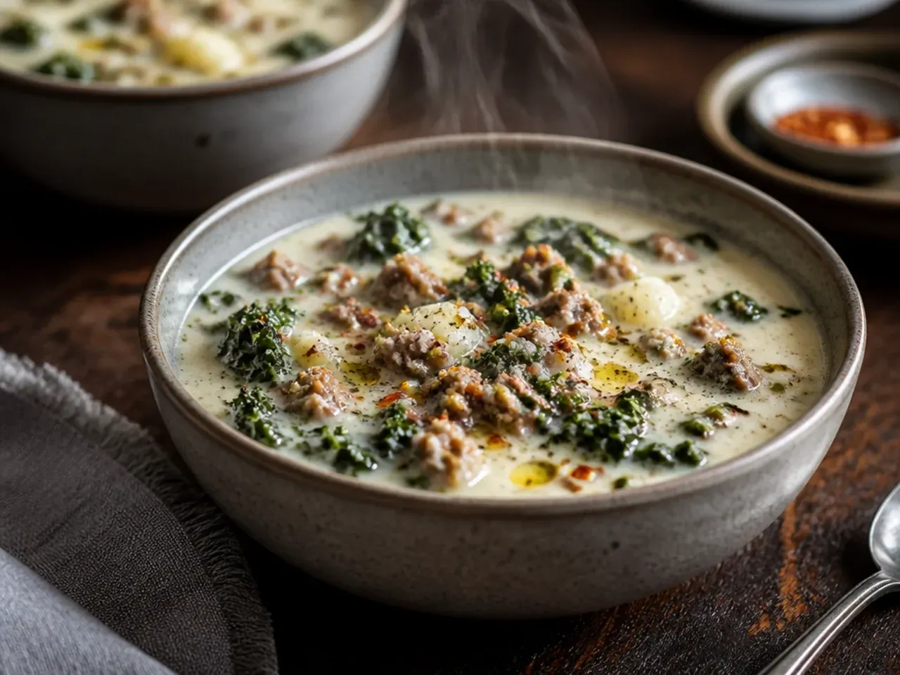 Easy keto zuppa toscana soup made with riced cauliflower and pre-cooked bacon