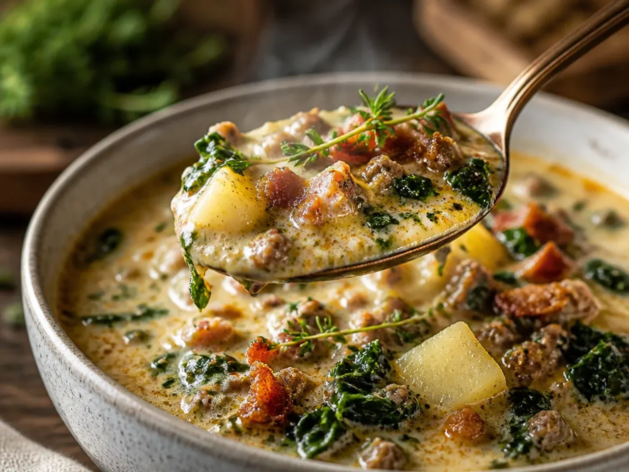 Hearty keto zuppa toscana soup loaded with extra sausage and vegetables