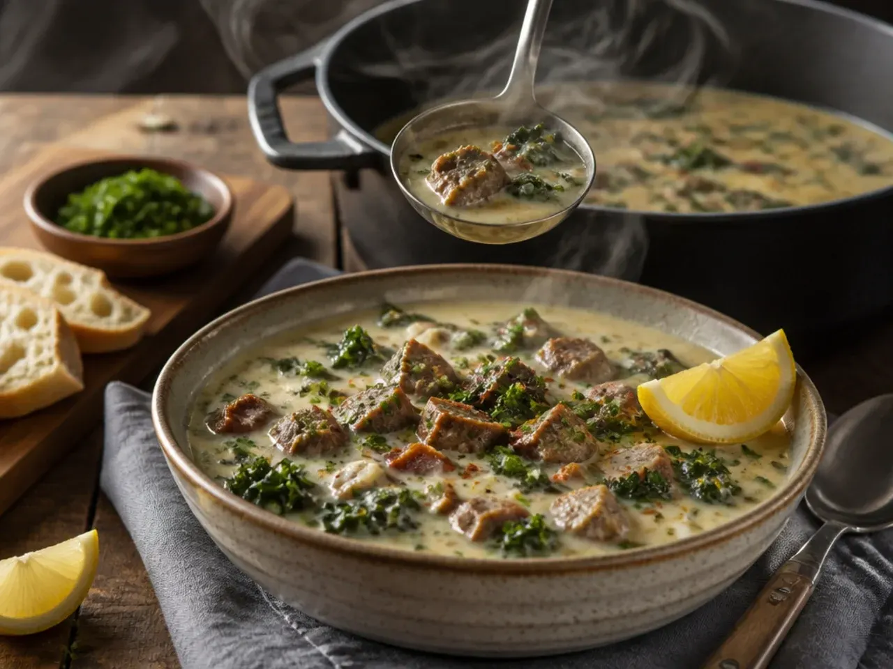 Cozy bowl of extra-creamy keto zuppa toscana soup topped with melting parmesan