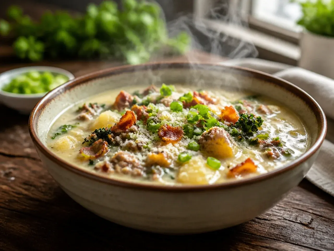 Extra creamy keto zuppa toscana soup with a silky, thickened broth
