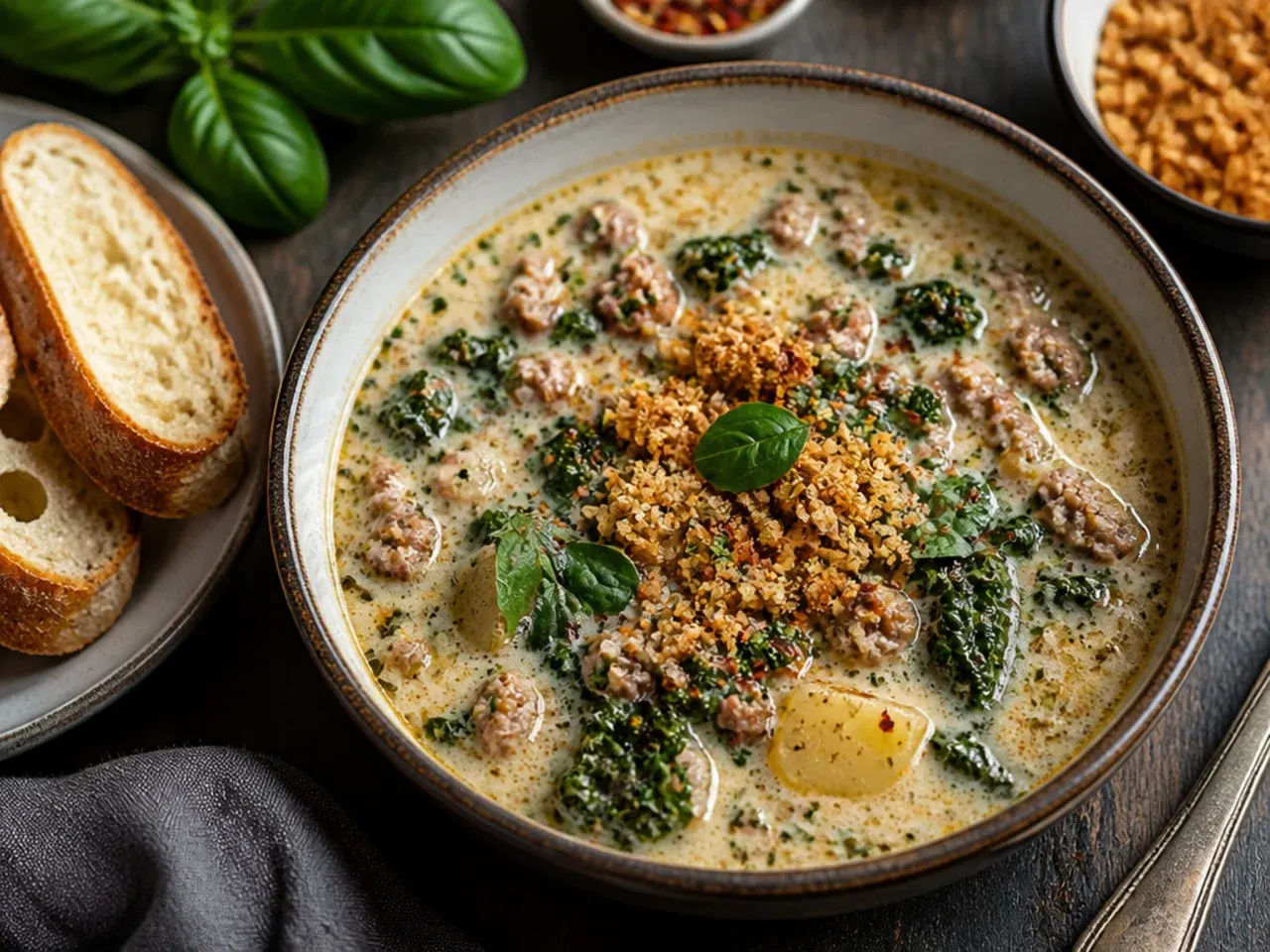 Simple five-ingredient keto zuppa toscana soup in a white bowl