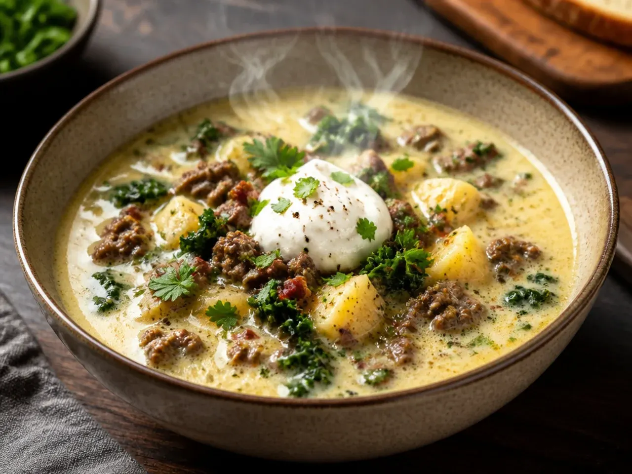 Cheesy keto zuppa toscana soup topped with melted parmesan and mozzarella