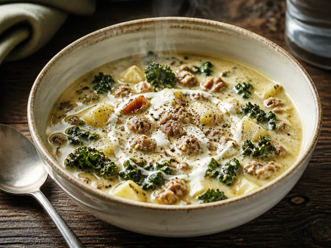 Comforting keto zuppa toscana soup finished with butter and fresh thyme