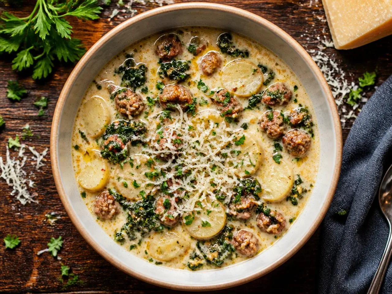 Budget-friendly keto zuppa toscana soup made with seasoned ground pork