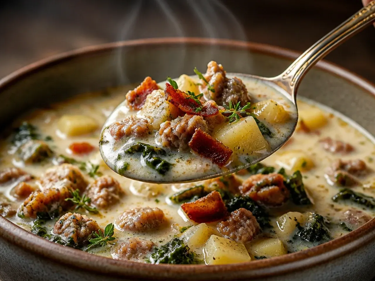 Rustic keto zuppa toscana soup with large cauliflower pieces and torn kale