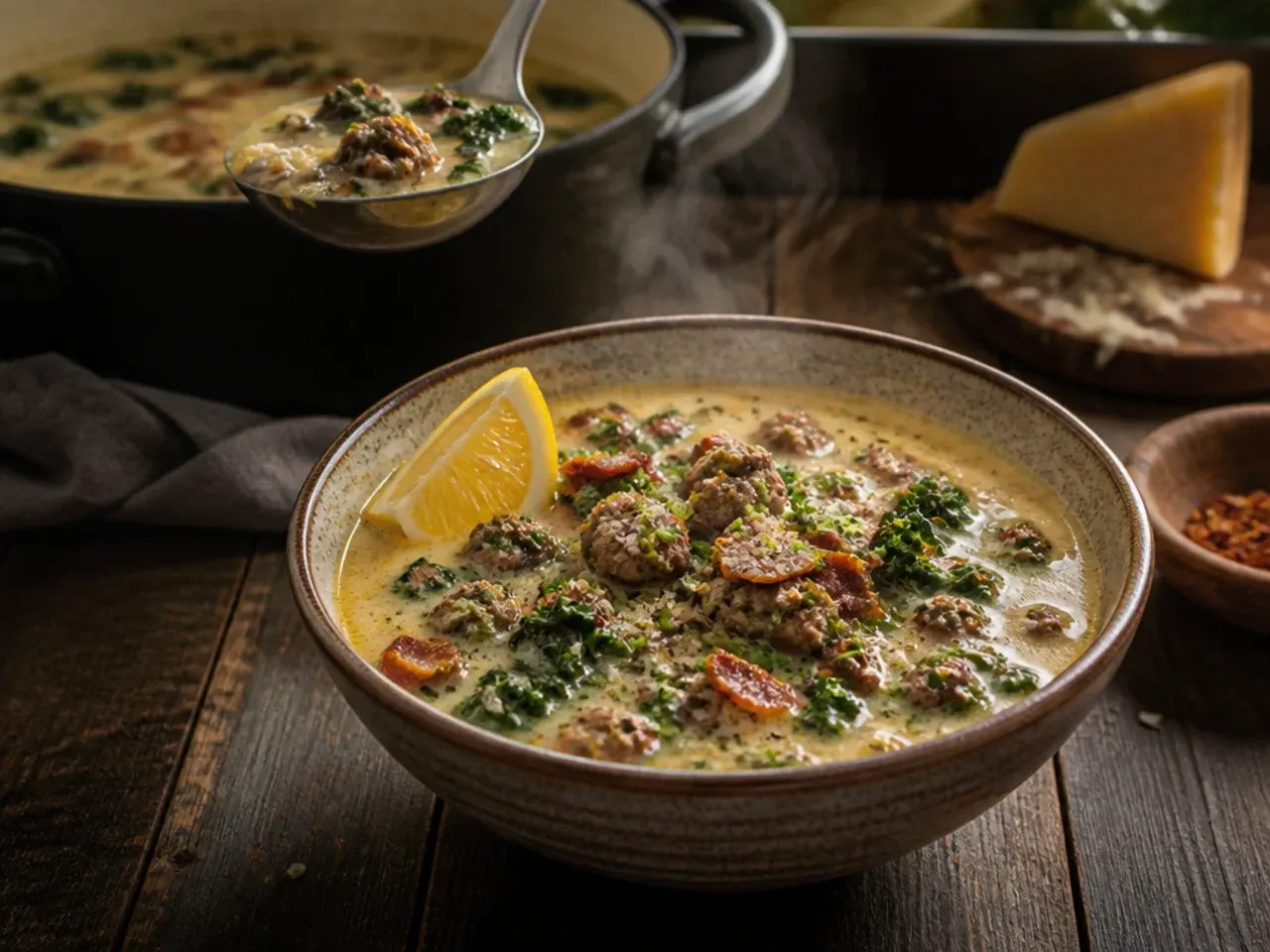 Loaded keto zuppa toscana soup topped with bacon, sour cream, and spring onions
