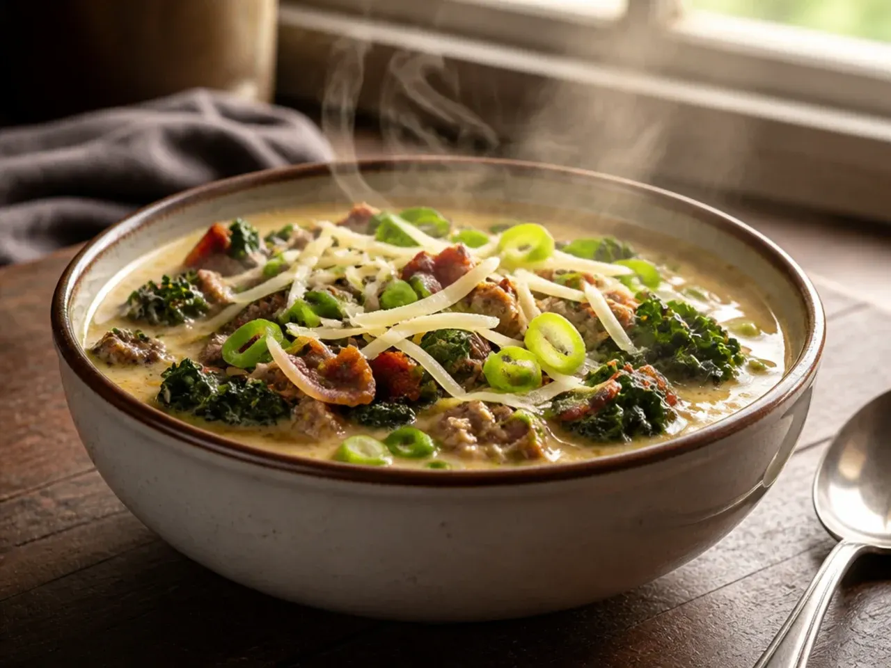 Family-style keto zuppa toscana soup served in bowls at the dinner table