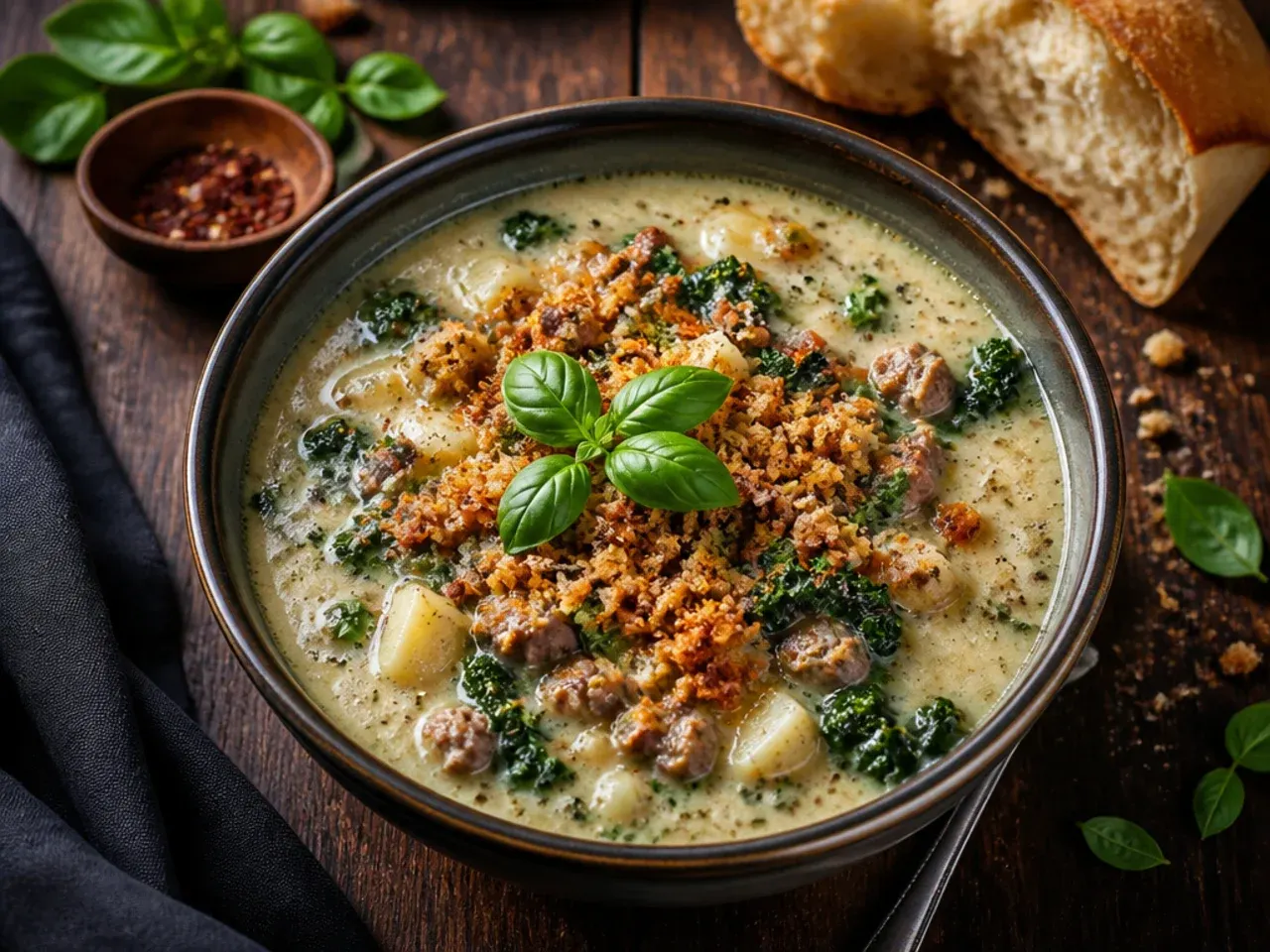Best-ever keto zuppa toscana soup with a rich, luxurious creamy broth