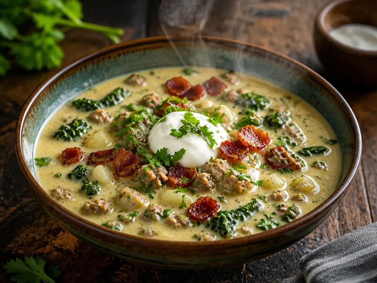 One-pot keto zuppa toscana soup simmering in a Dutch oven