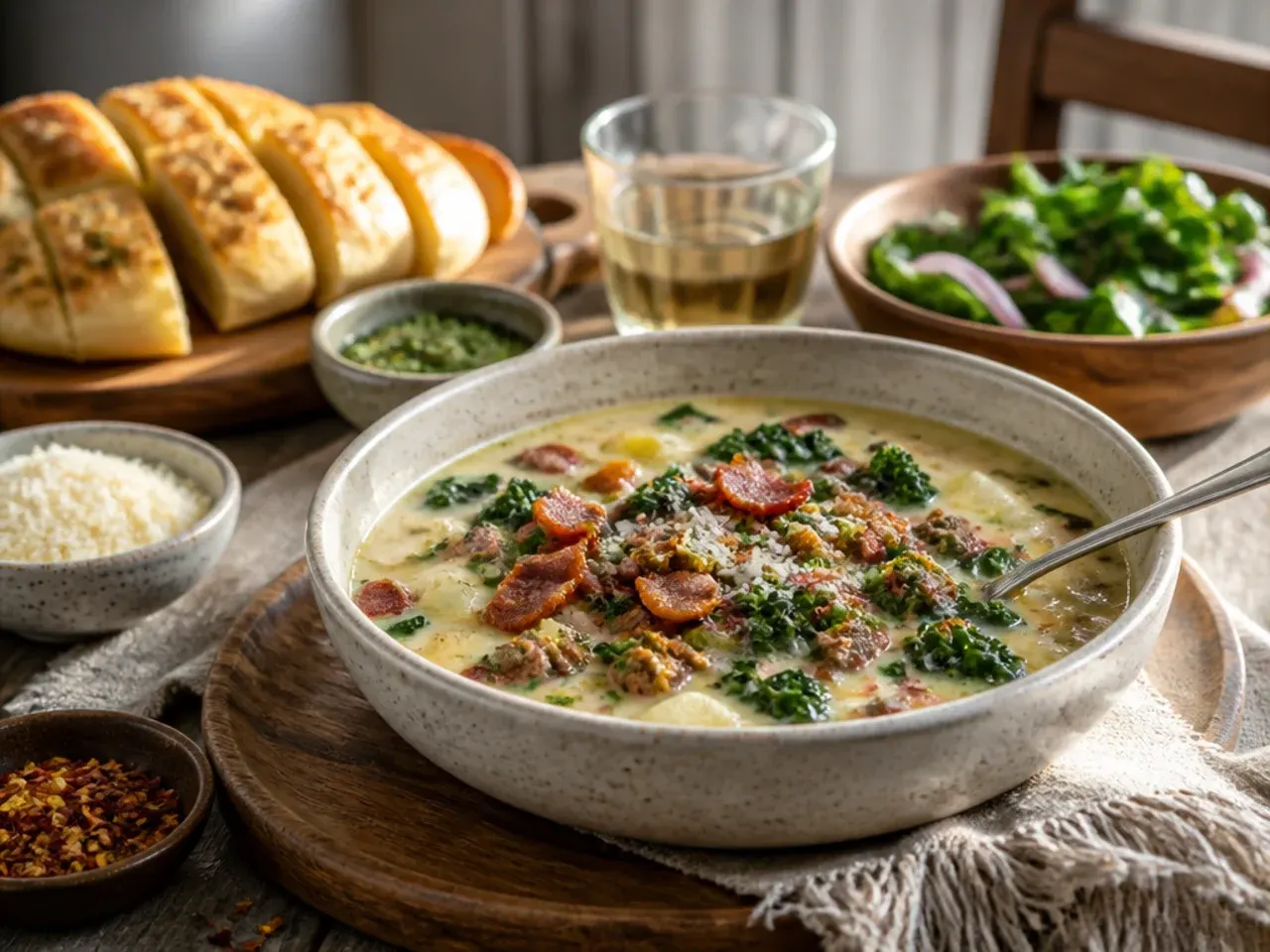 Bowl of keto zuppa toscana soup served with almond flour garlic bread