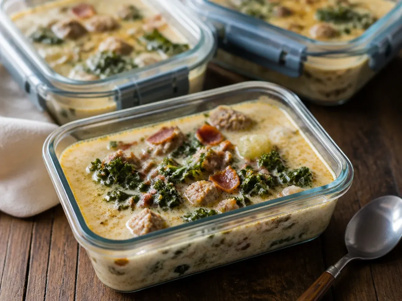 Keto zuppa toscana soup stored in airtight containers for the fridge and freezer
