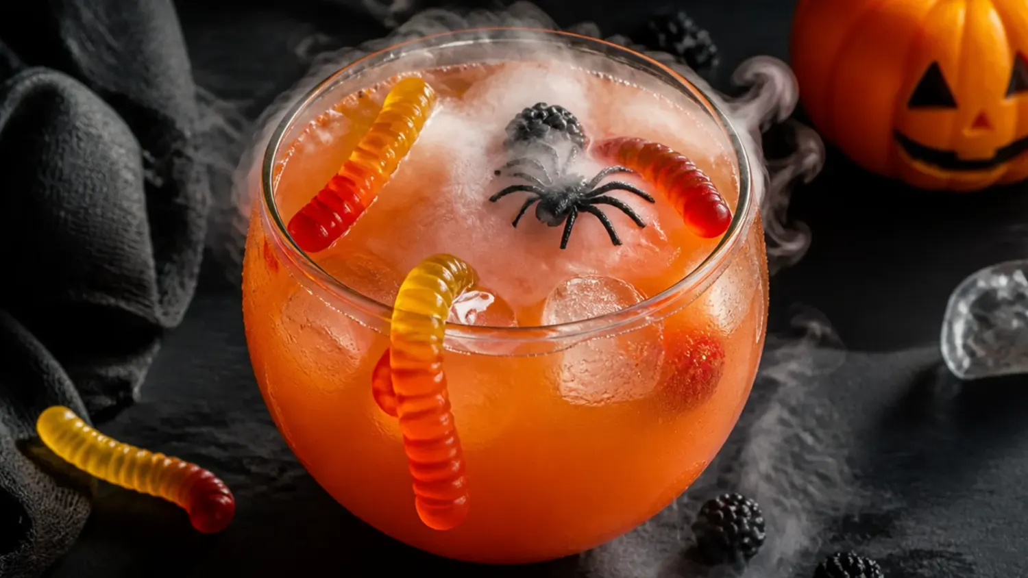A spread of colourful kid friendly halloween drinks in clear cups with gummy worms, candy eyeballs and orange straws on a dark table