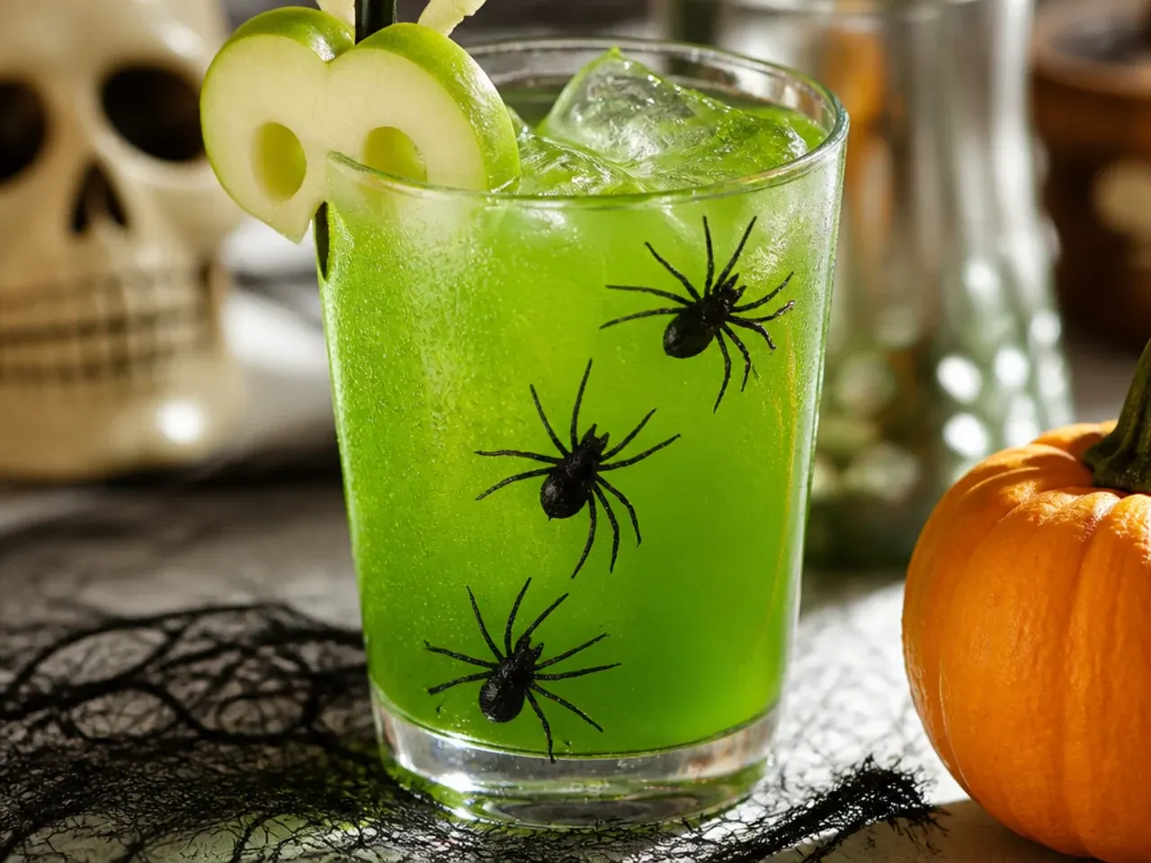 Overhead shot of ingredients for kid friendly halloween drinks including juice, soda, sherbet and food colouring on a kitchen counter