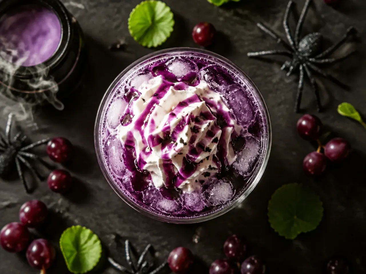 Purple grape fizz halloween drink with frozen grapes in a glass for kid friendly halloween drinks