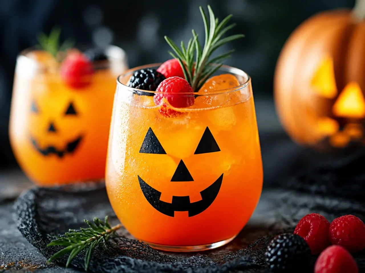 Bright orange jack-o-lantern squash drink with sherbet scoop for kid friendly halloween drinks