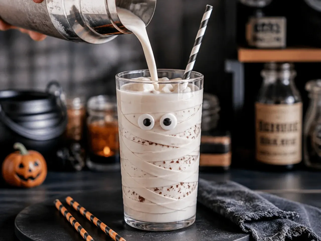 White chocolate mummy milkshake with candy eyeball peeking through bandage stripes for kid friendly halloween drinks