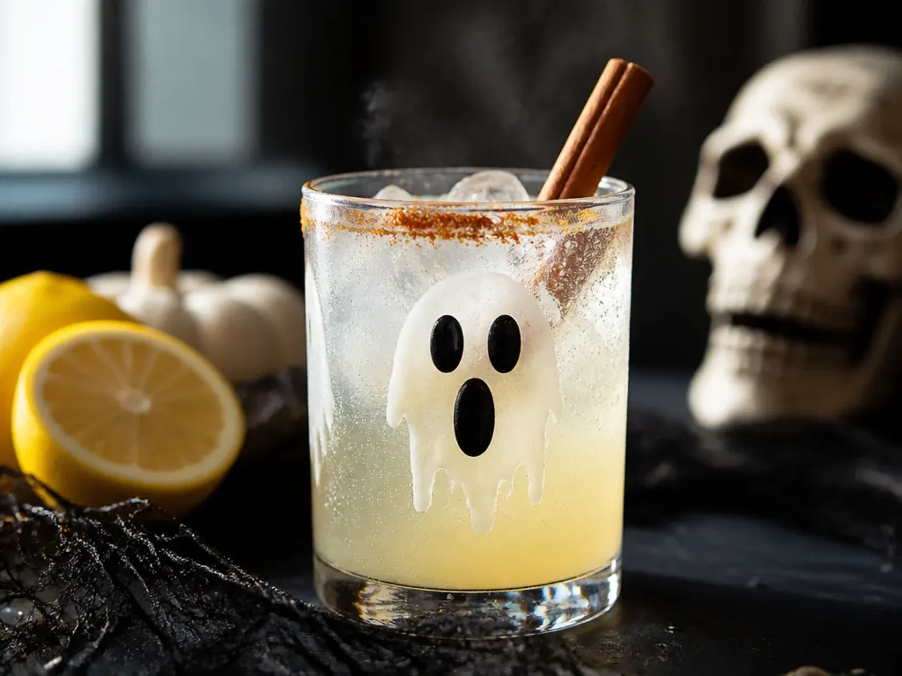 Ghost-shaped vanilla ice cream scoop floating in lemonade fizz for kid friendly halloween drinks