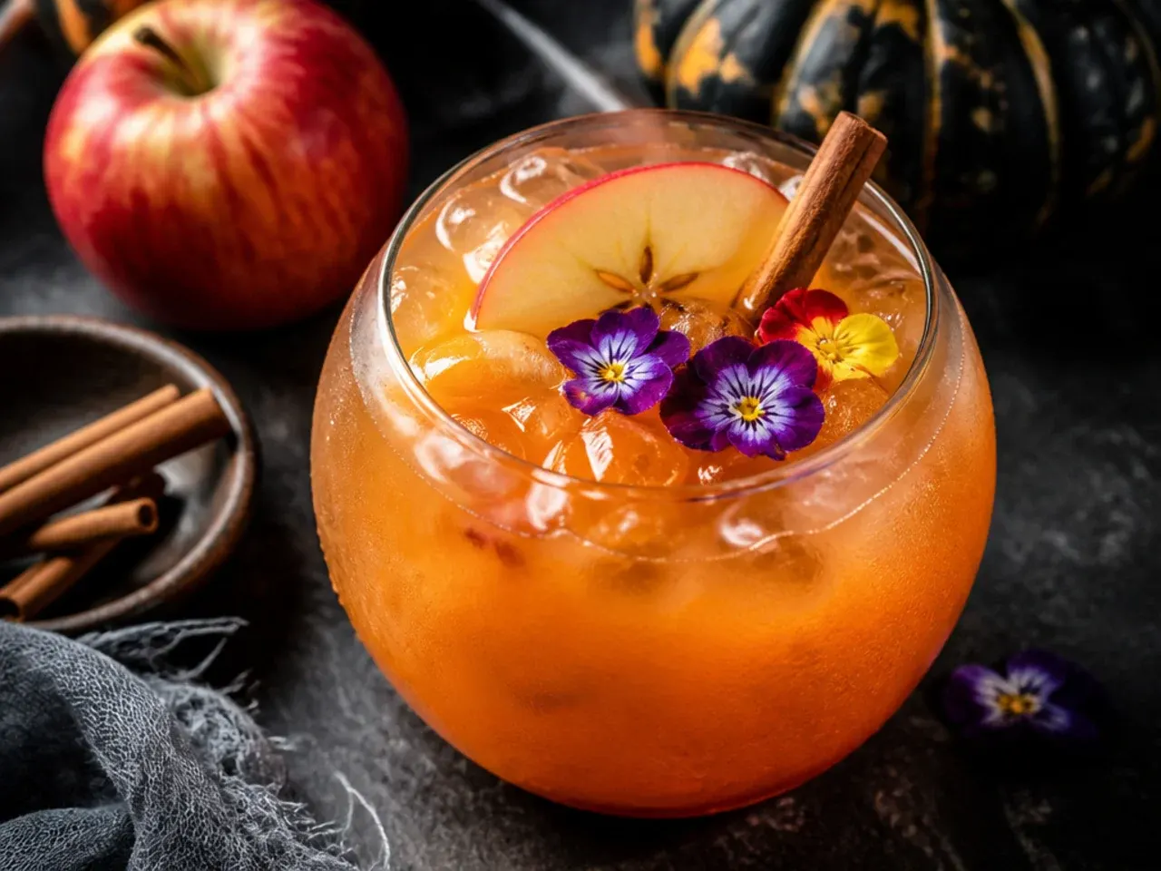 Warm spiced apple cider with cinnamon sticks and orange slices in a mug for kid friendly halloween drinks