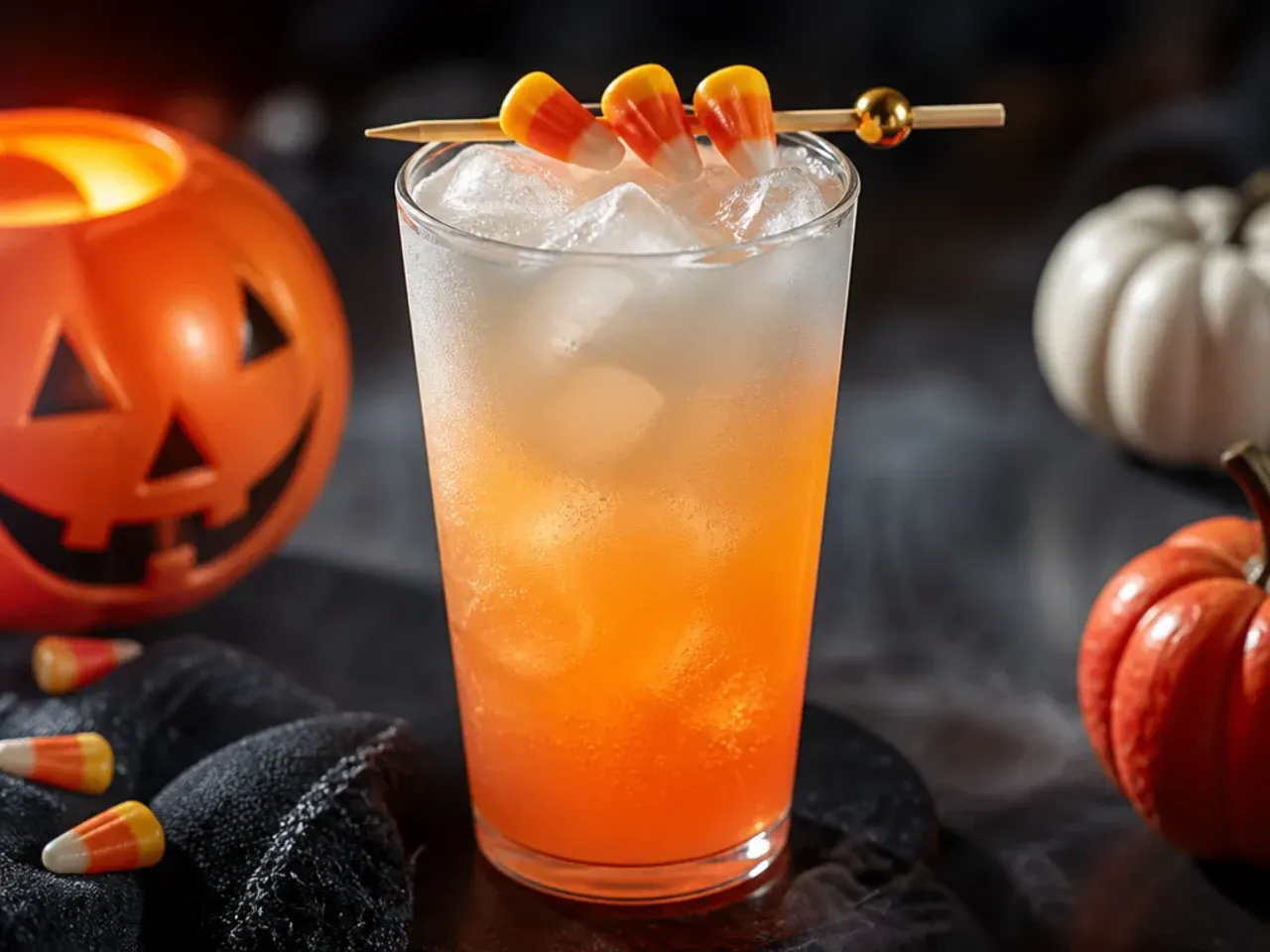 Layered candy corn striped cream soda float with vanilla ice cream for kid friendly halloween drinks