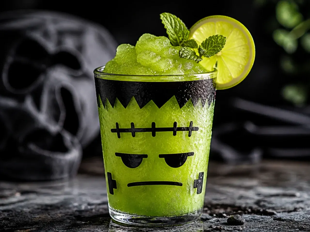 Bright green Frankenstein slushie with candy eyeballs in a sugar-rimmed glass for kid friendly halloween drinks