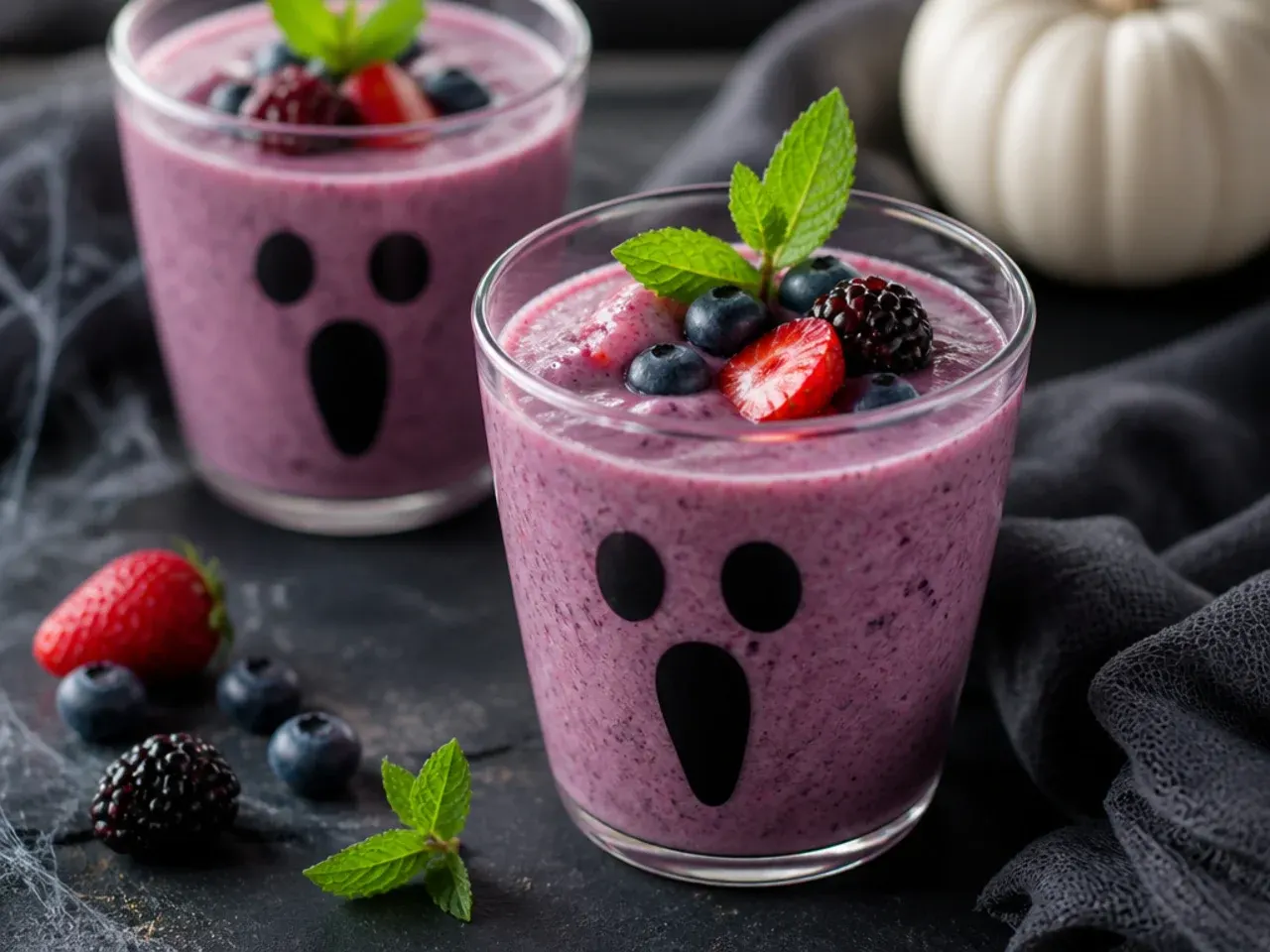 Purple berry banana smoothie with a ghost face drawn on the glass for kid friendly halloween drinks