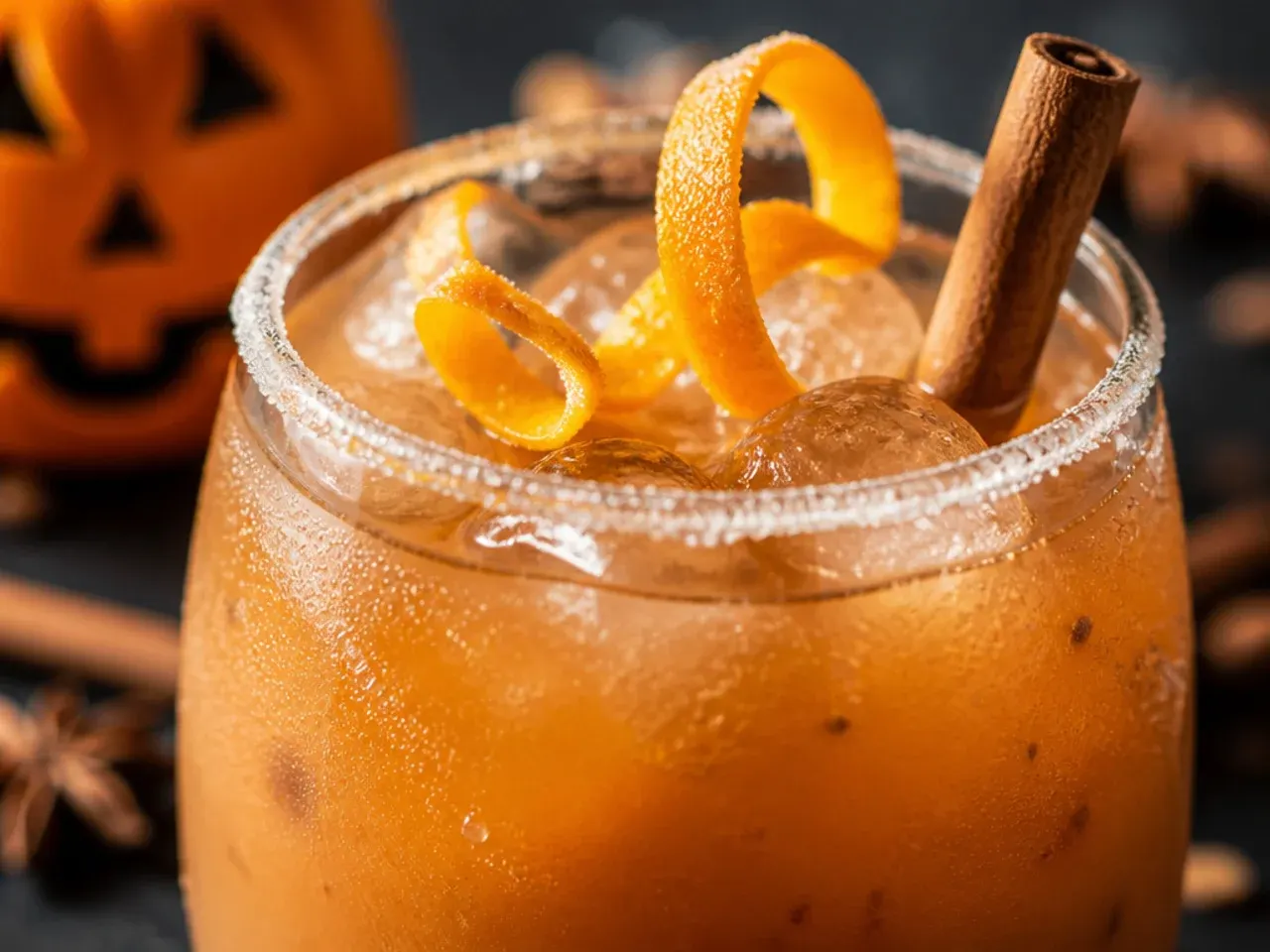 Iced pumpkin chai cooler with milk swirl and cinnamon dust for kid friendly halloween drinks