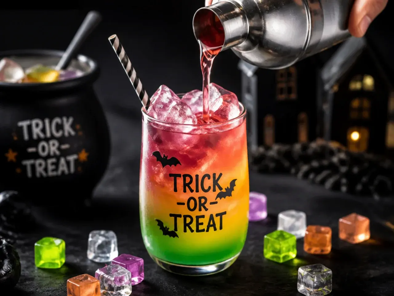 Rainbow layered juice punch in a tall glass for kid friendly halloween drinks