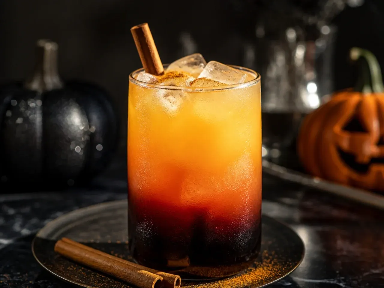 Two-tone black grape and orange sunset mocktail with a black cat topper for kid friendly halloween drinks