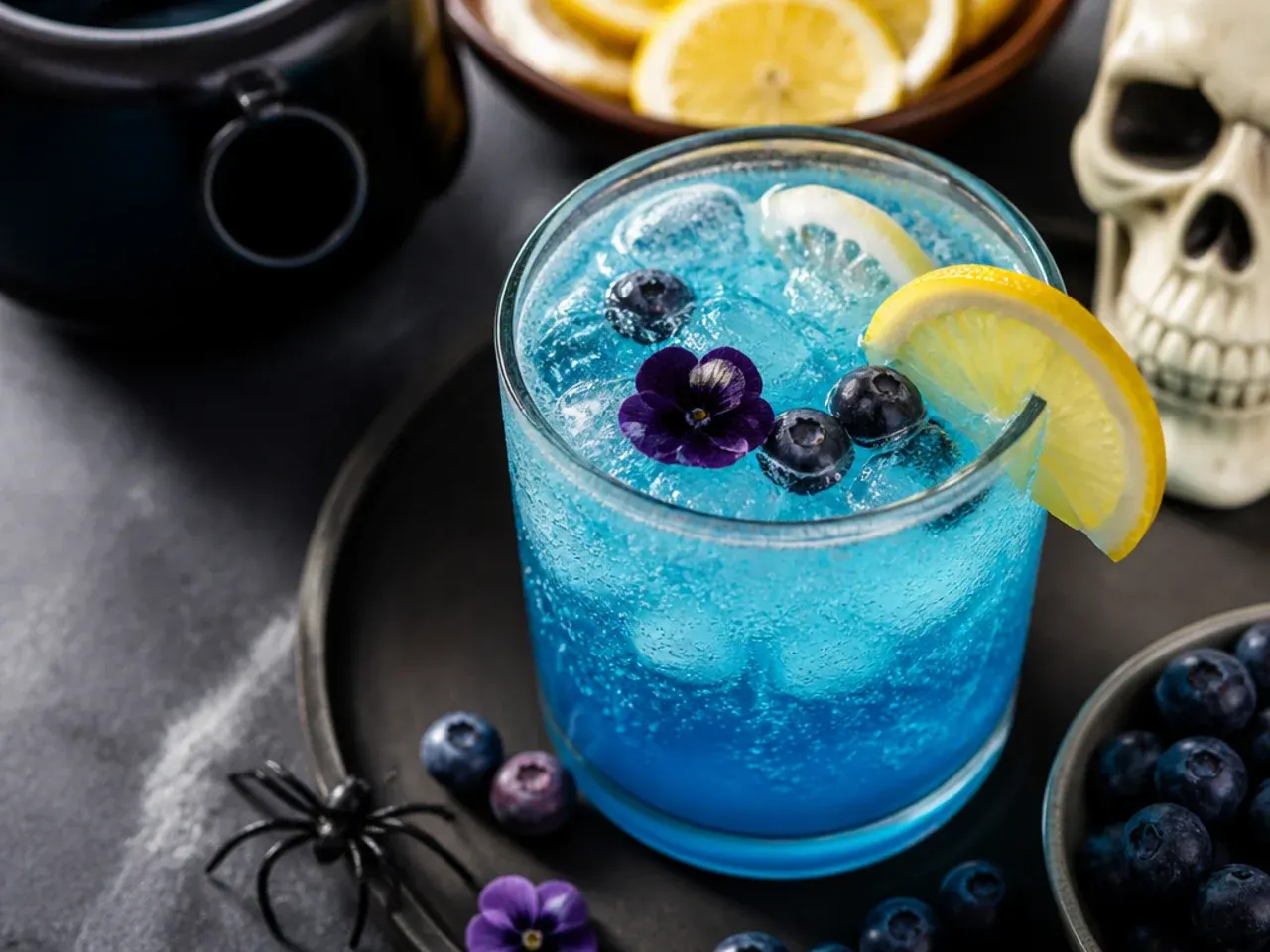 Bright blue raspberry fizzy drink with a sour sugar rim for kid friendly halloween drinks
