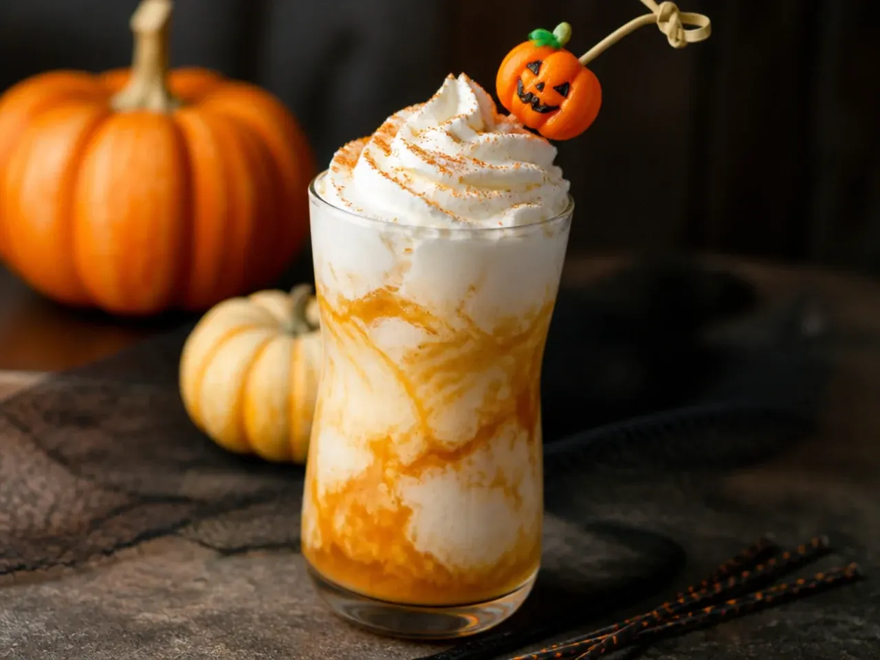 Creamy pumpkin swirl cream soda with whipped cream and spice dusting for kid friendly halloween drinks