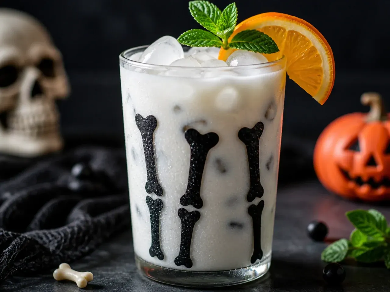 White skeleton bones milk drink with white chocolate pieces in a glass for kid friendly halloween drinks