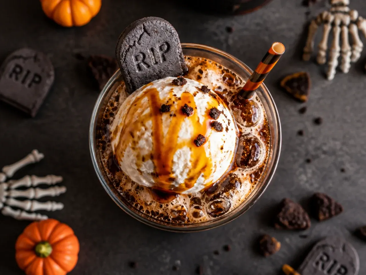 Root beer float with vanilla ice cream and chocolate cookie crumb graveyard garnish for kid friendly halloween drinks