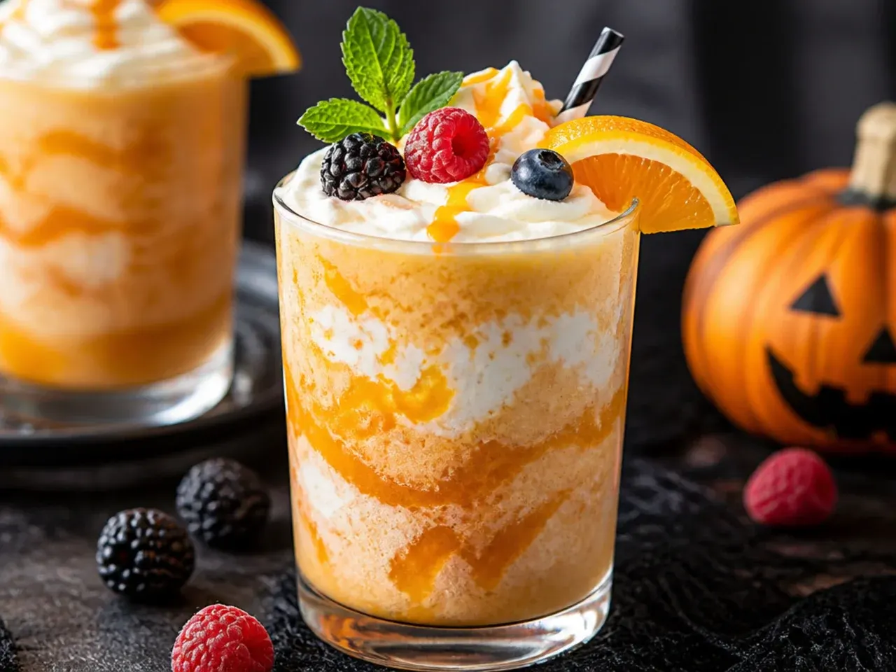 Orange cream frappe with whipped cream and orange sprinkles for kid friendly halloween drinks