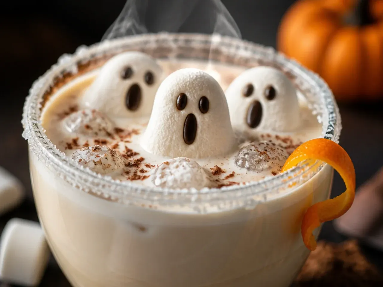 White hot cocoa topped with a whipped cream ghost shape for kid friendly halloween drinks