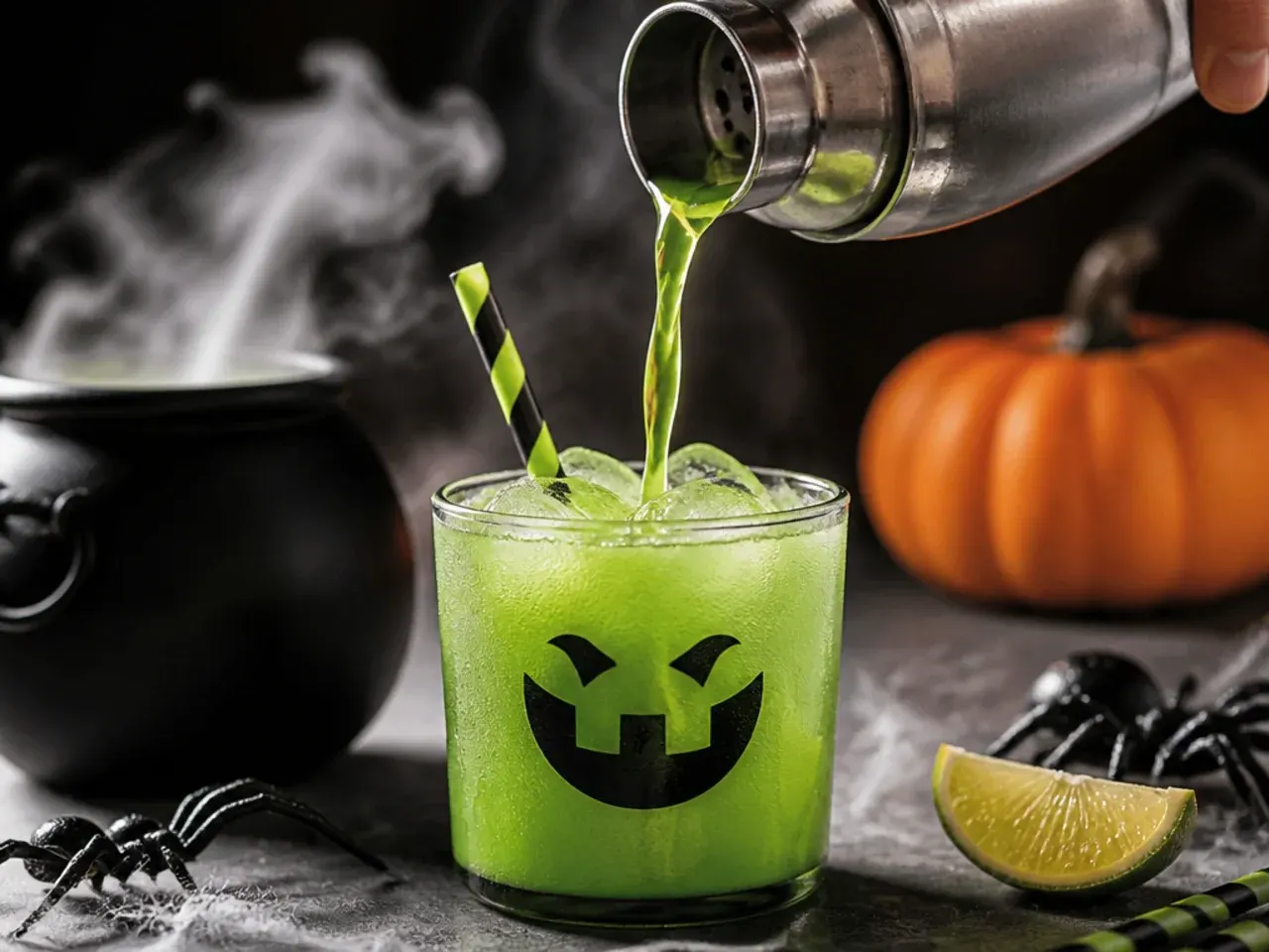 Two-tone green slime limeade in a mason jar with a gummy worm garnish for kid friendly halloween drinks