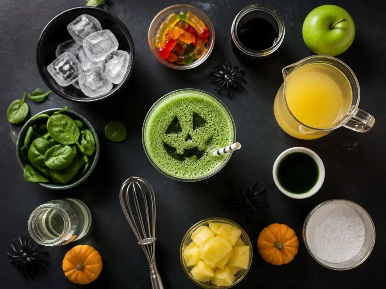 Hands pouring a layered halloween drink slowly over a spoon for kid friendly halloween drinks
