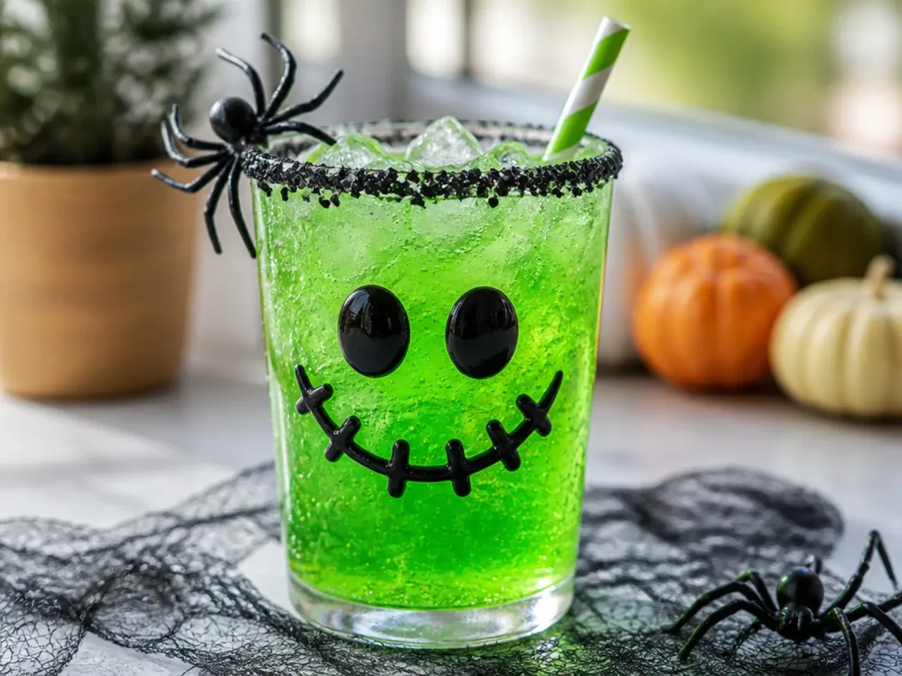 Halloween drink garnish station with gummy worms, candy eyeballs and striped straws for kid friendly halloween drinks