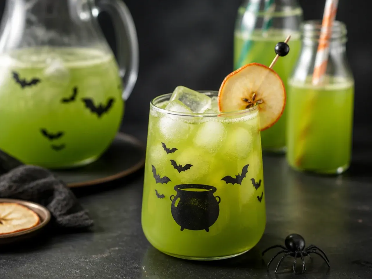 Pitcher of make-ahead halloween punch next to a bag of frozen decorative ice cubes for kid friendly halloween drinks