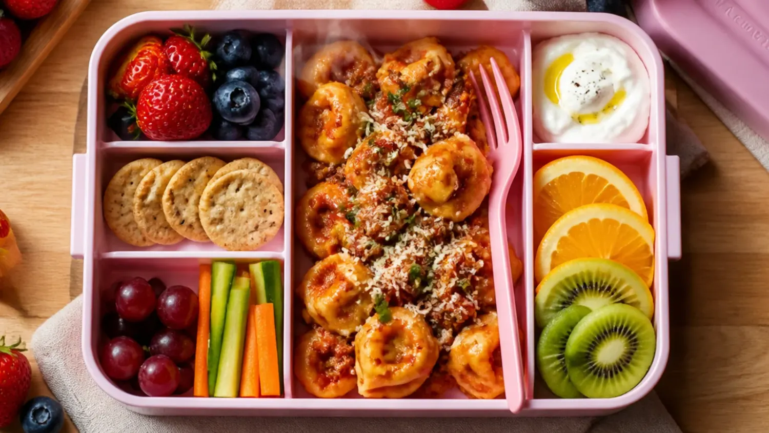 A flat-lay of colourful kids bento boxes filled with mini sandwiches, fruit, vegetables and dips arranged in small compartments