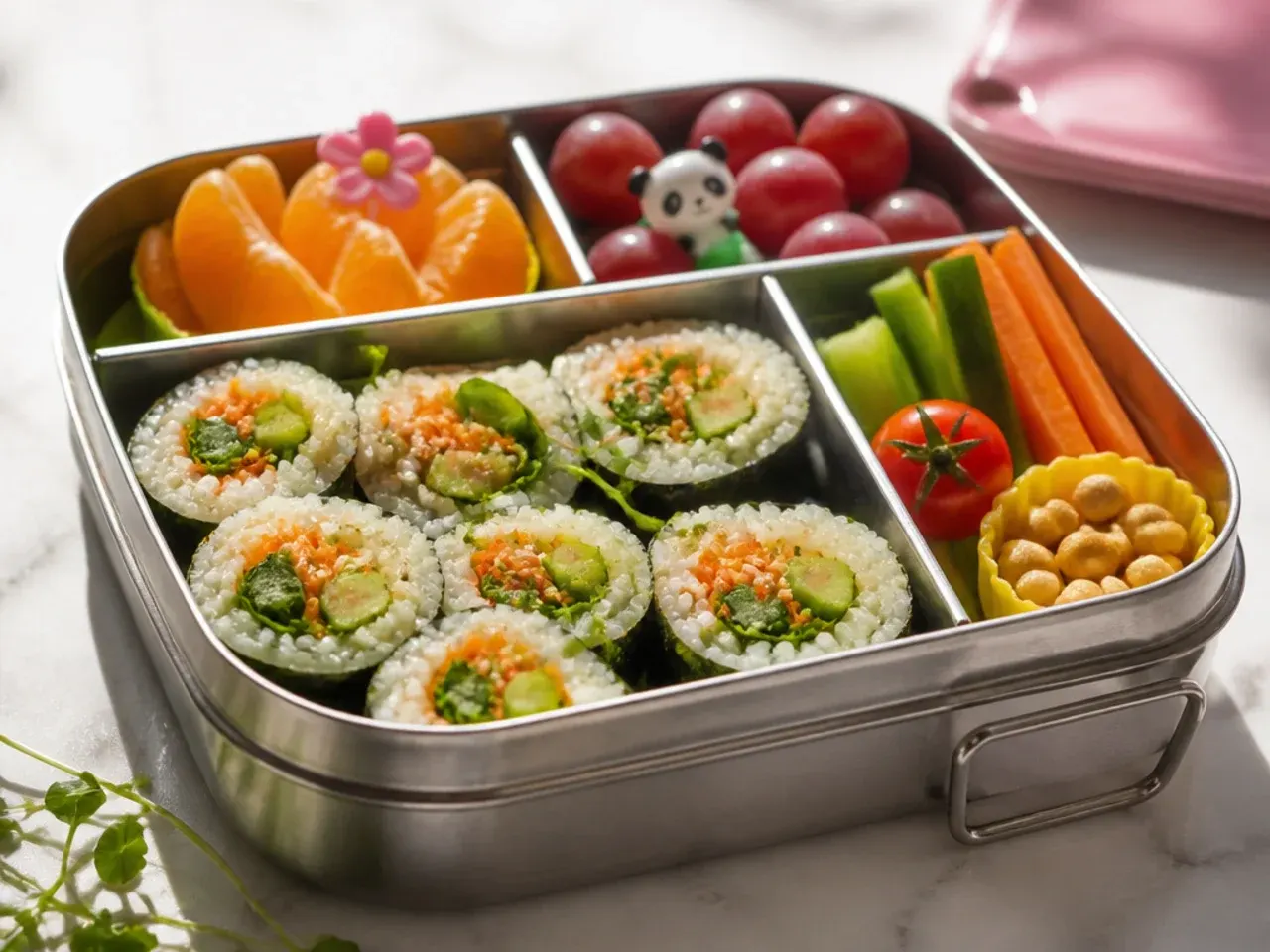 Overhead view of a divided bento box being packed with sandwiches, fruit and vegetable sticks
