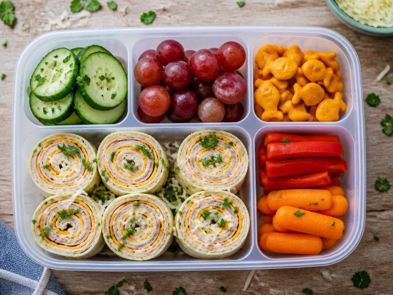 Sliced turkey and cheese tortilla pinwheels arranged next to pineapple chunks in a bento box