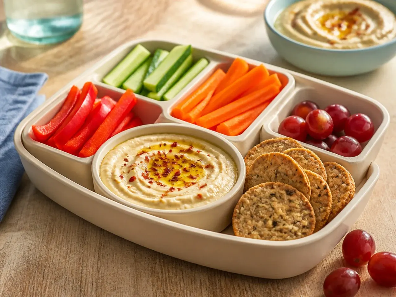 Bento box with pretzels, carrot sticks and cucumber slices surrounding a small pot of hummus