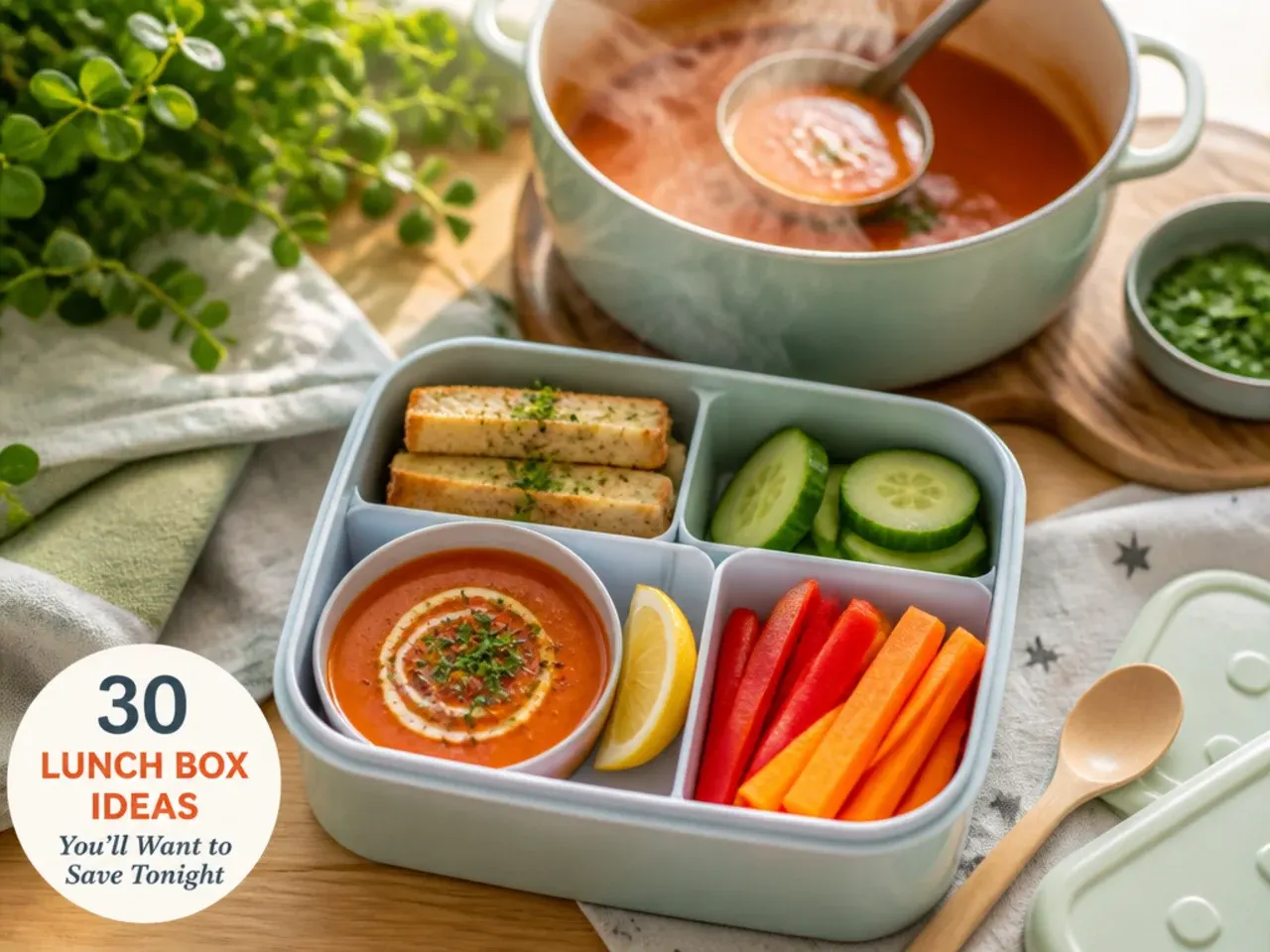 Insulated food jar of tomato soup next to grilled cheese dipping fingers in a lunch bag