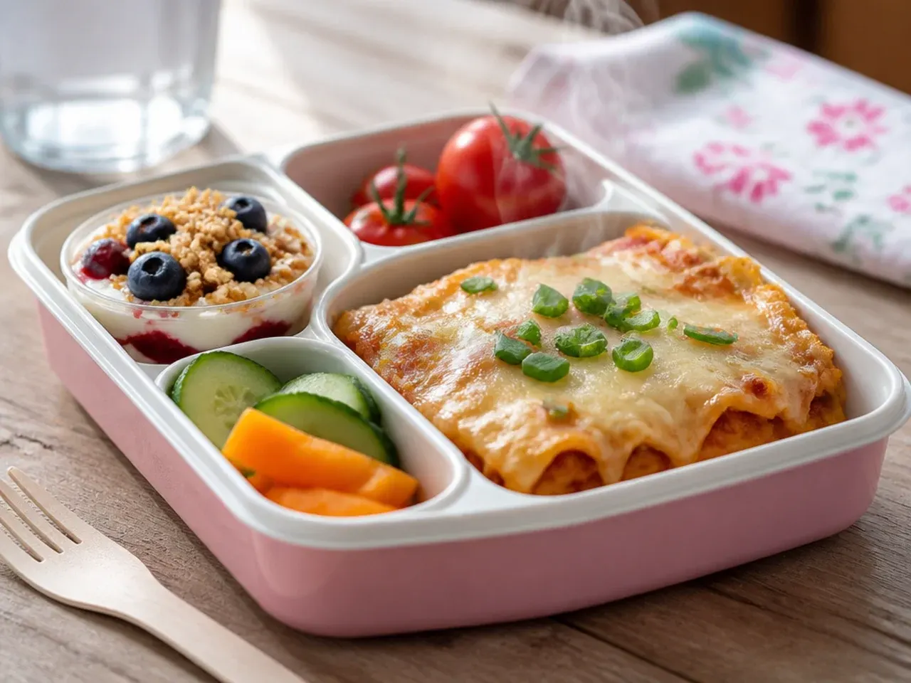 Layered yoghurt, granola and berry parfait in a small jar inside a bento lunch box