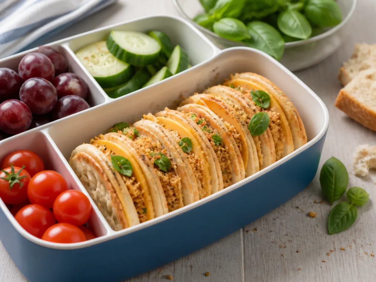 Crackers stacked with cheese and ham slices in a bento box compartment
