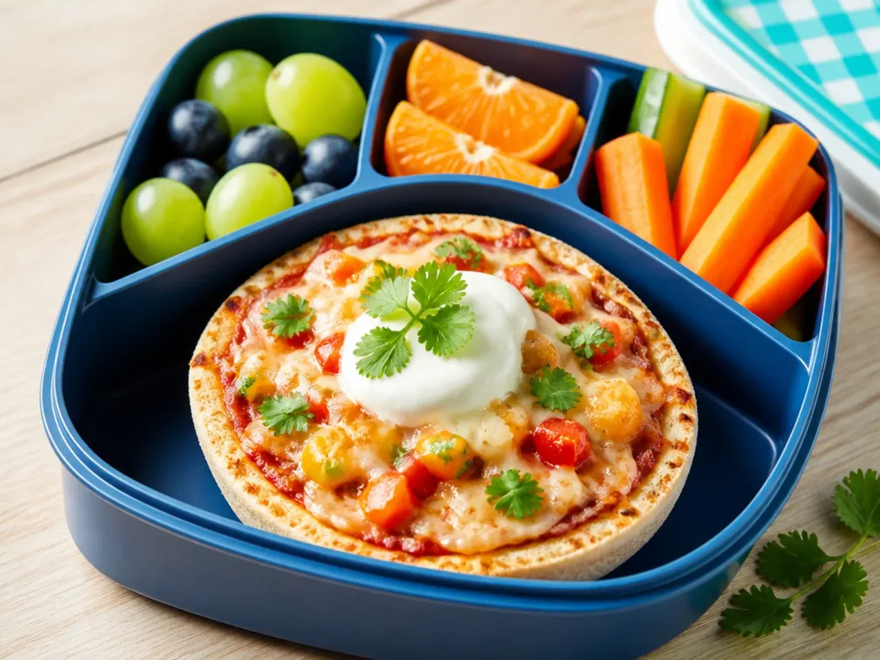 Mini pizza English muffin bites with melted cheese and pepperoni cut into bento-sized pieces