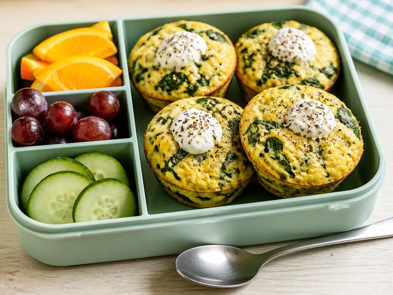 Mini spinach and egg muffins packed in a bento box next to sliced fruit